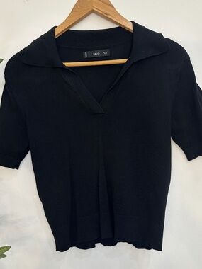 MNG Mango Black Knit Polo Sweater Women's Medium Short Sleeve Collared Pullover